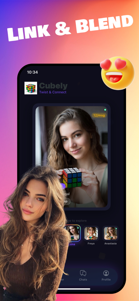 Cubely - A mobile screen showing the Cubely app with AI character profiles and a Rubiks cube theme.