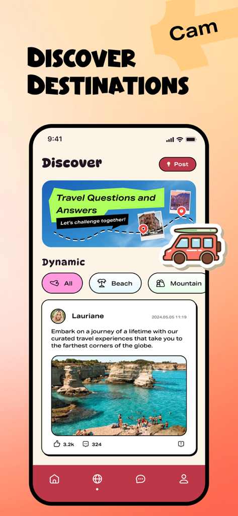 Camme - Enjoy Fun - Mobile screen of Camme app showing travel destination discovery and social feed