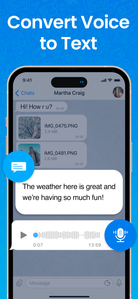 Smartphone interface demonstrating the conversion of a Telegram voice message into a text bubble.
