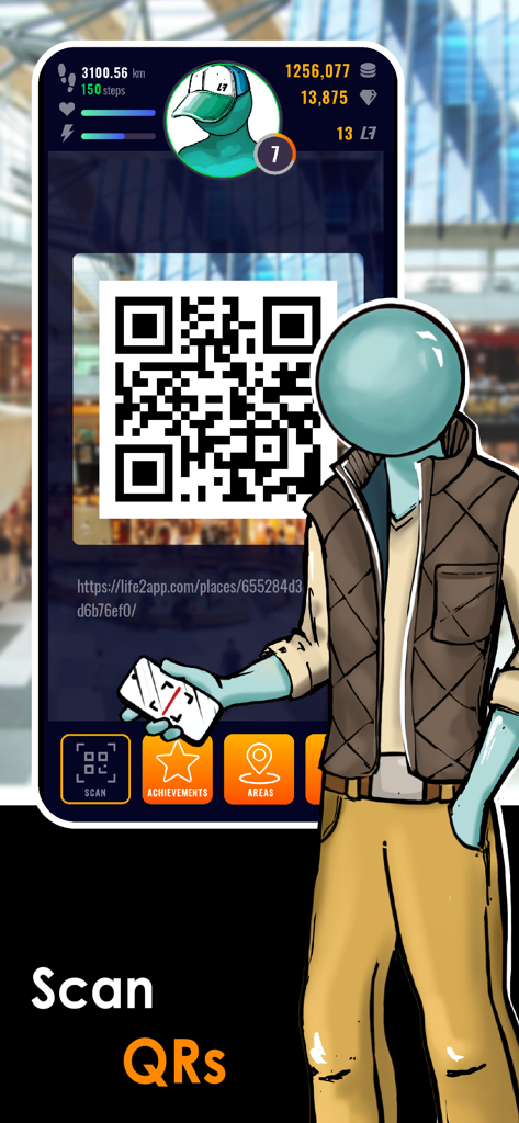 Life2App Activity & Time - Life2App mobile interface showing the QR code scanner feature with a character avatar and gamified stats