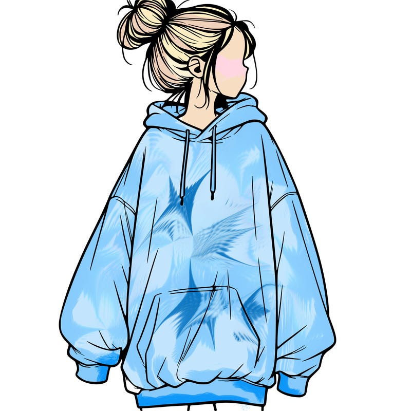realistic girl with a oversized sweatshirt on and a bun