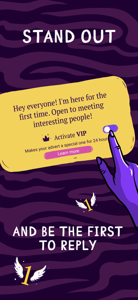 A purple hand activating a VIP feature on Masked Love app to stand out and be the first to reply