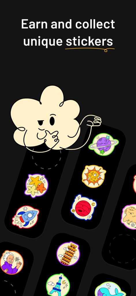 Interface showing unique collectible stickers in the Mimir educational app including planets and landmarks