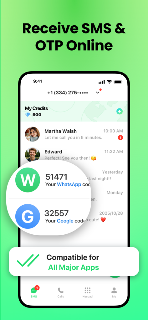 2nd Phone: SMS, Call, Verify - Mobile interface of 2nd Phone app displaying SMS and OTP verification codes for WhatsApp and Google.