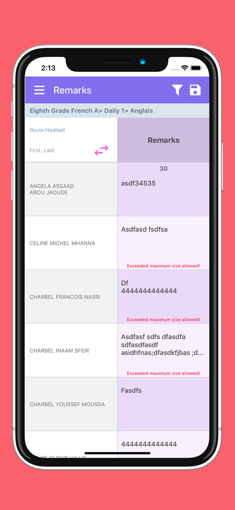 eSchool Gradebook - Interface of the eSchool Gradebook app showing a list of student names with a remarks section for teachers to add comments.
