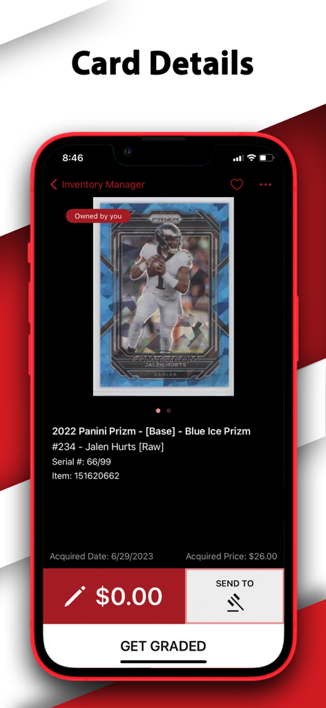 COMC - Check Out My Cards - Detailed view of a Jalen Hurts football card in the COMC app inventory manager featuring options to set a price and request professional grading