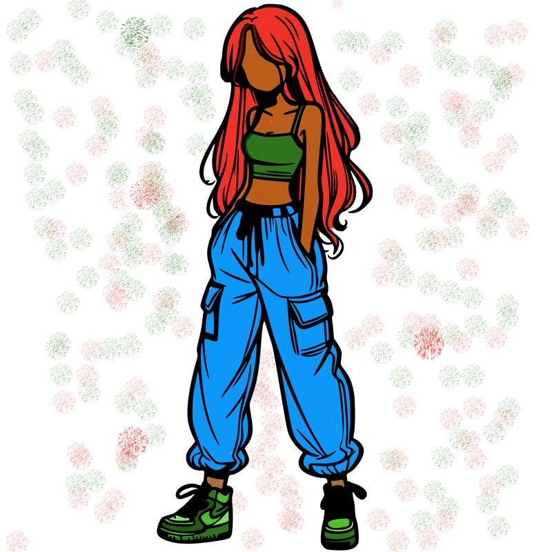 girl in baggy pants crop top and long hair