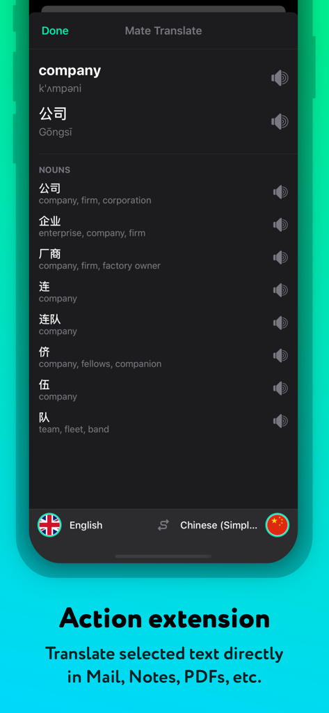 Extension d'action iOS Mate Translate montrant la traduction de mots de l'anglais vers le chinois avec plusieurs synonymes et phonétique