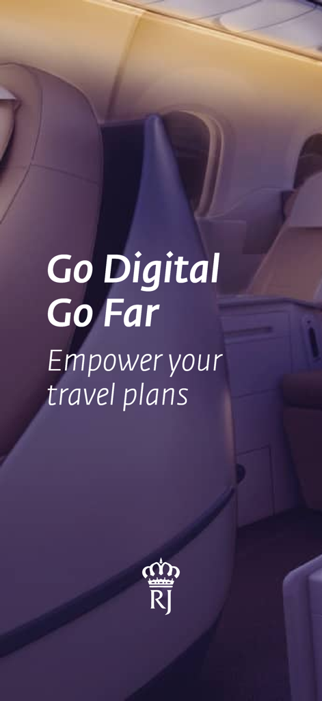 Royal Jordanian Airlines - 로열 요르단 항공 앱 시작 화면, Go Digital Go Far 텍스트와 비행기 객실 모습.