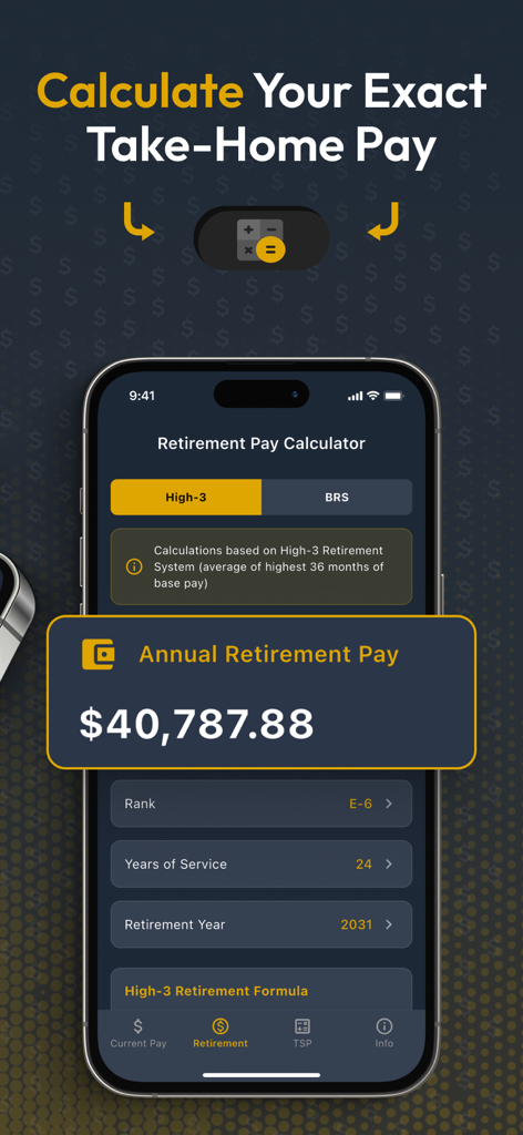 US Military Retirement Pay Calculator interface showing High-3 annual pay estimation for an E-6 rank in dark mode