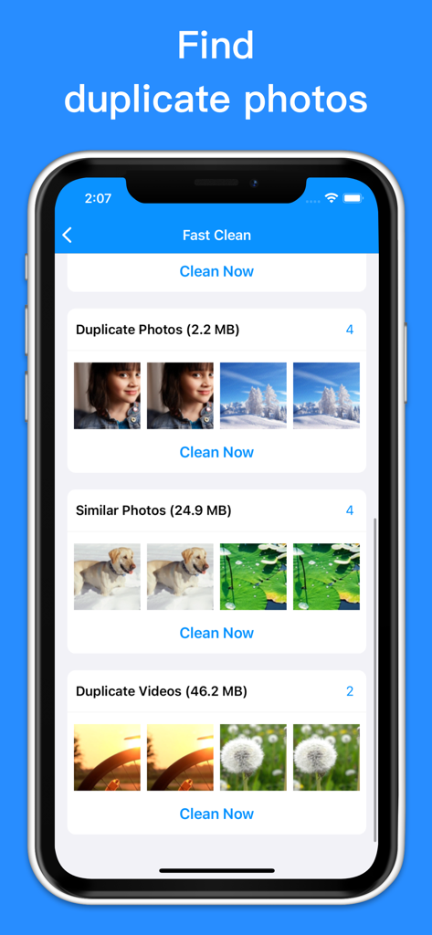 Cleaner - Clean Storage - Interfaz de la app Cleaner mostrando fotos duplicadas y similares para la limpieza del almacenamiento