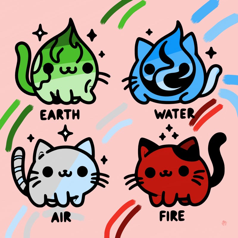 4 cats that represent the different elements, earth, water, air, and fire