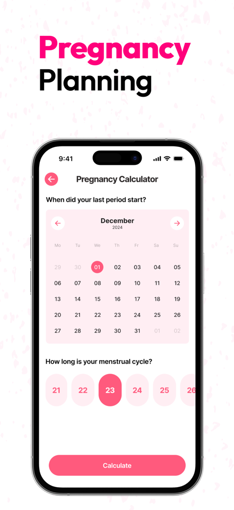 Period & Ovulation Tracker App - Smartphone display of a pregnancy calculator tool within a period tracking app
