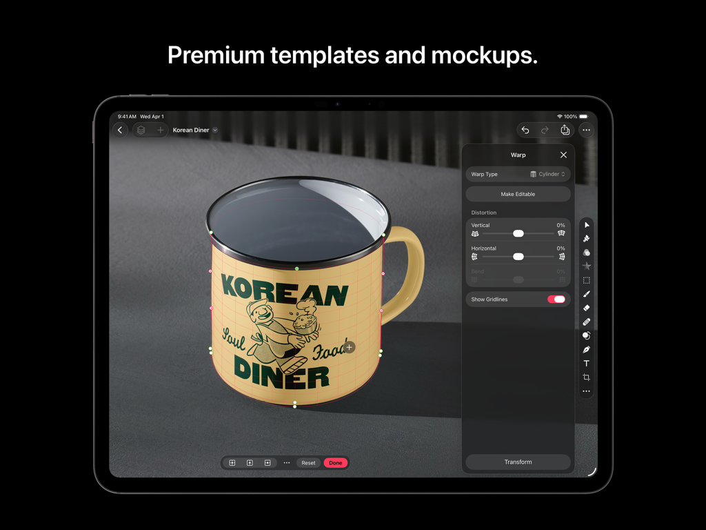 Pixelmator Pro iPad interface showing the warp tool applied to a mug mockup logo.