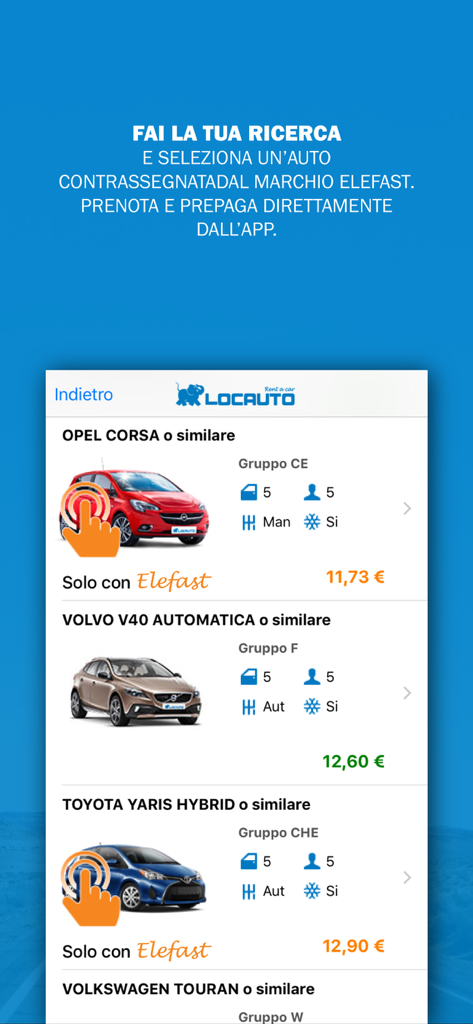 Locauto Rent - Locauto Rent app interface showing a list of rental cars like Opel Corsa and Volvo V40 with Elefast self-service options