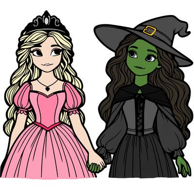 a princess and a witch holding hands realistic