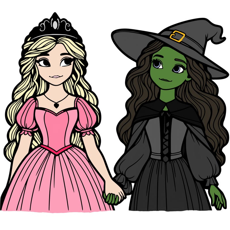 a princess and a witch holding hands realistic