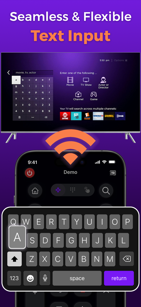 Remote TV: TV Controller - Teclado de un smartphone utilizándose para escribir texto en la pantalla de un Smart TV a través de una aplicación de control remoto