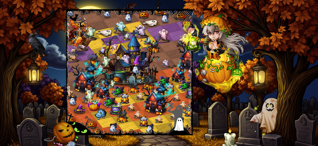 Spooky Halloween themed level with ghosts and pumpkins in Dragon and Elfs merge game