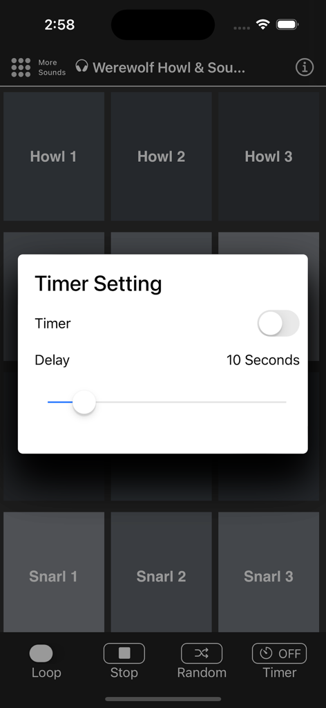 Werewolf Howl & Sounds - Timer setting popup screen on the Werewolf Howl and Sounds app showing a 10-second delay slider.