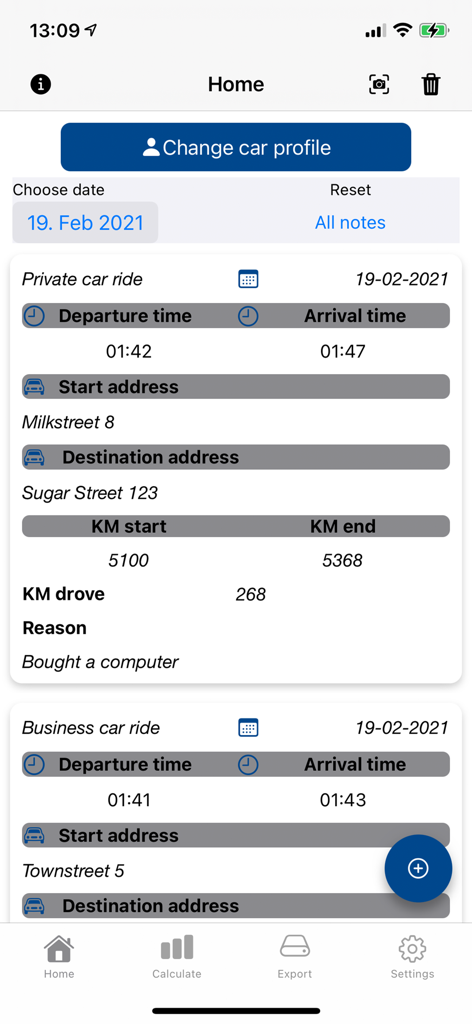 Car Log book App - Interface of Car Log book App displaying logs for private and business car rides