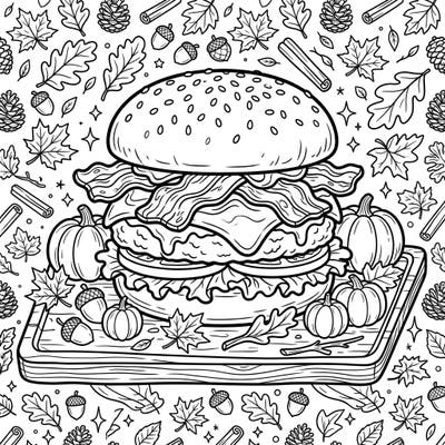 Get ready for a delicious coloring experience with our Autumn Bacon Cheeseburger page! This fun design combines a mouth-watering burger with all the cozy elements of the fall season, from crunchy leaves to festive pumpkins.