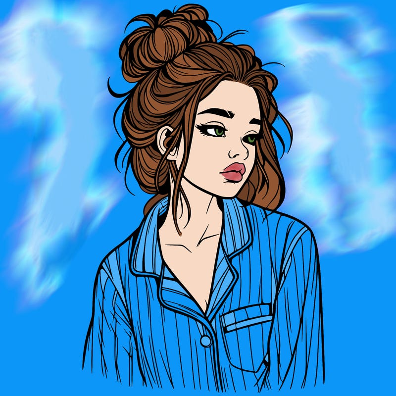 realistic woman with pajamas on and a messy bun