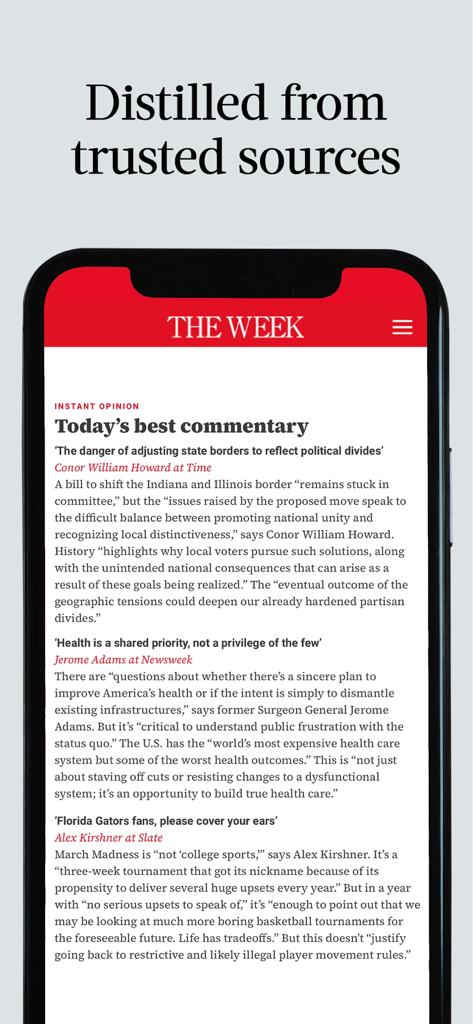 The Week - US Edition - The Week US Edition mobile app interface showing the daily commentary section with curated news opinions from various sources.