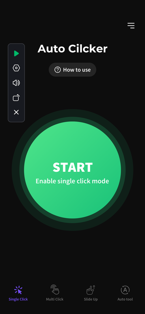Main interface of the Auto Clicker app showing the start button for single click mode and bottom navigation menu.