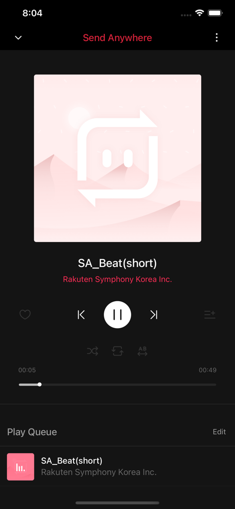 Built-in music player interface in the Send Anywhere app showing playback controls and play queue for a transferred audio file