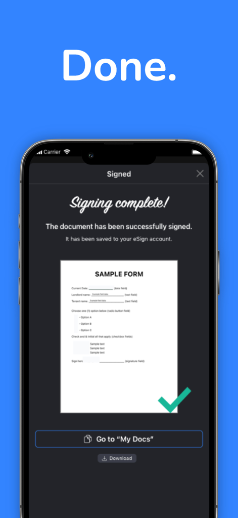 Bestätigungsbildschirm in der eSign App, der ein erfolgreich signiertes Dokument anzeigt