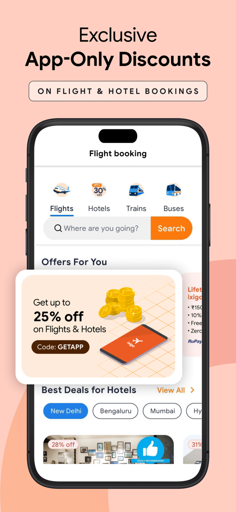 ixigo app screen showing exclusive discounts on flight and hotel bookings
