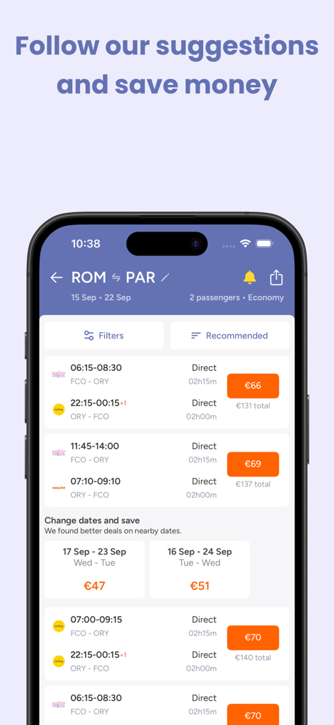 App móvil Jetcost mostrando resultados de búsqueda de vuelos y sugerencias de fechas para ahorrar dinero