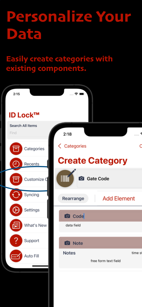 ID Lock - Secure Data Manager - ID Lock app interface showing the process of creating a custom data category with specific fields like gate codes and notes.