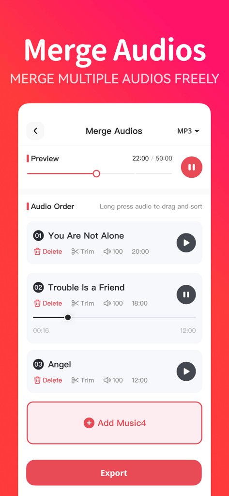 MP3 Converter - video2mp3 - User interface for merging multiple audio files in the MP3 Converter app
