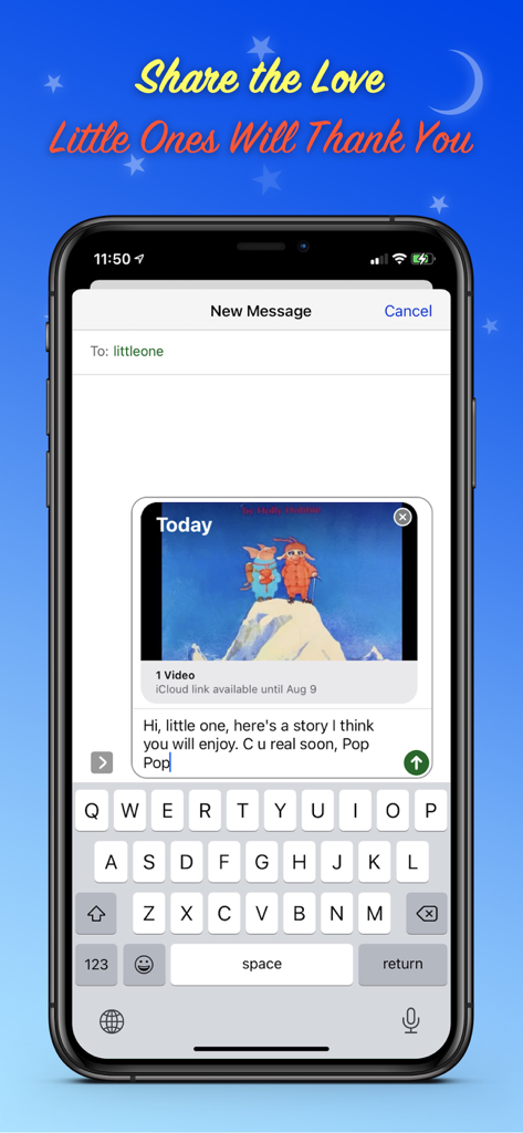 Read Me A Story - An iPhone screen displaying a personalized video story being shared via iMessage from a grandfather to a child.