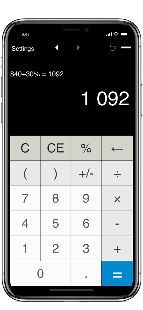 Interfaccia di app calcolatrice su iPhone che mostra un calcolo di percentuale e un chiaro display numerico