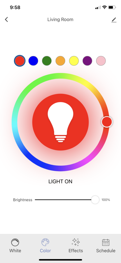 Interface of the SYLVANIA Smart WiFi app showing a color wheel and brightness slider to control a smart light bulb.
