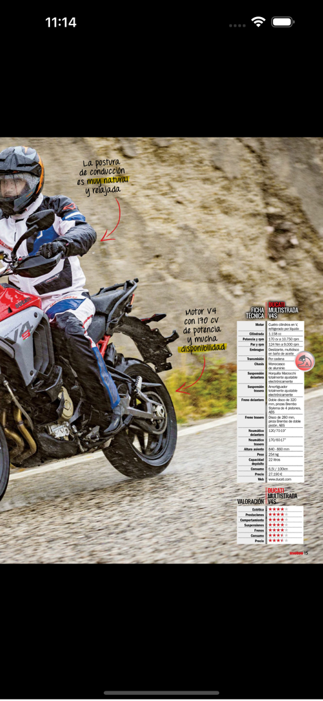 Motos Revista - Spanish motorcycle magazine digital review showing technical specifications and performance ratings for a Ducati Multistrada