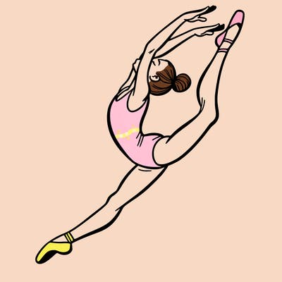 gymnast doing a leap in a leotard with a bent back leg