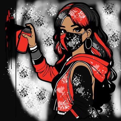 realistic girl with mask spray painting a wall