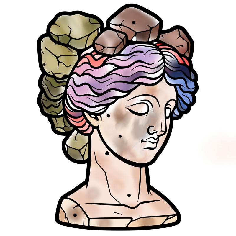 bust of a female statue with rock-shaped hair