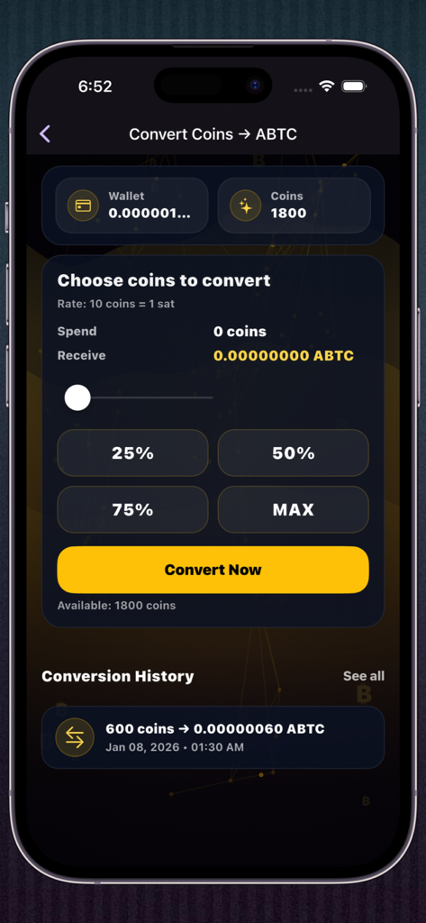 Bitcoin Mining - Alpha BTC - Oberfläche der Alpha BTC-App, die den Bildschirm zur Konvertierung von Münzen in virtuelle Bitcoins mit Verlauf und Prozentoptionen anzeigt