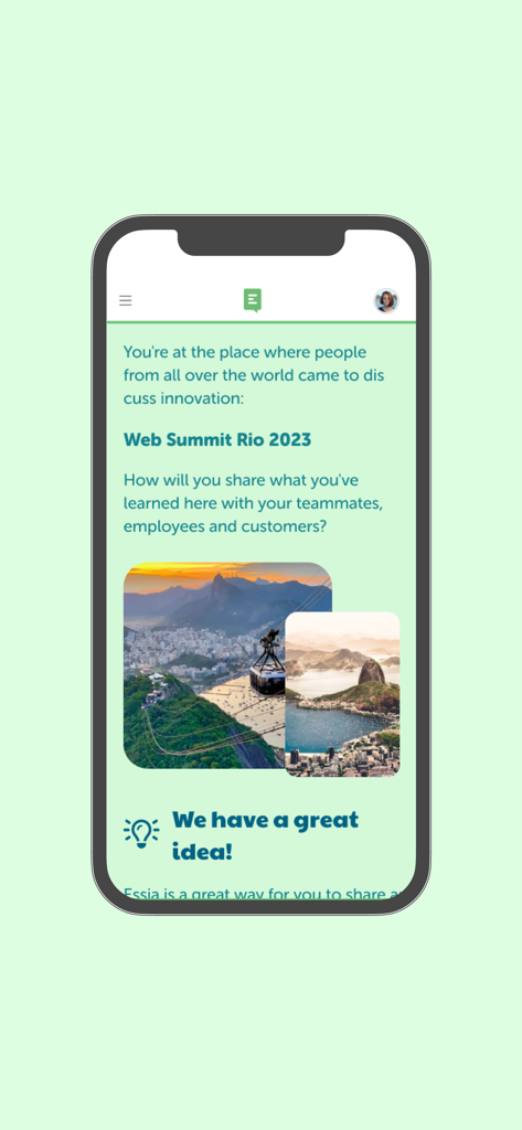 Essia app screenshot showing interactive educational content about Web Summit Rio 2023 on a mobile device