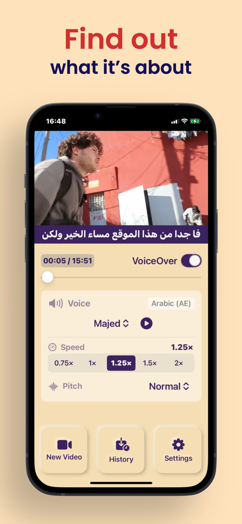 YT Translate for Youtube - Interface do aplicativo YT Translate mostrando dublagem de vídeo em árabe com controles de voz e velocidade