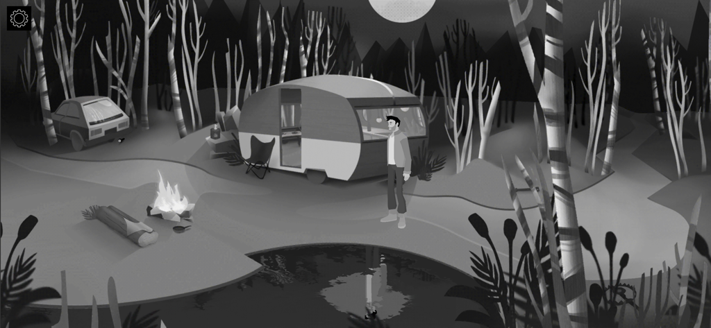 AWAKE - Definitive Edition - Uma cena estilizada em monocromia do jogo AWAKE mostrando um personagem num parque de campismo com uma caravana e uma fogueira.