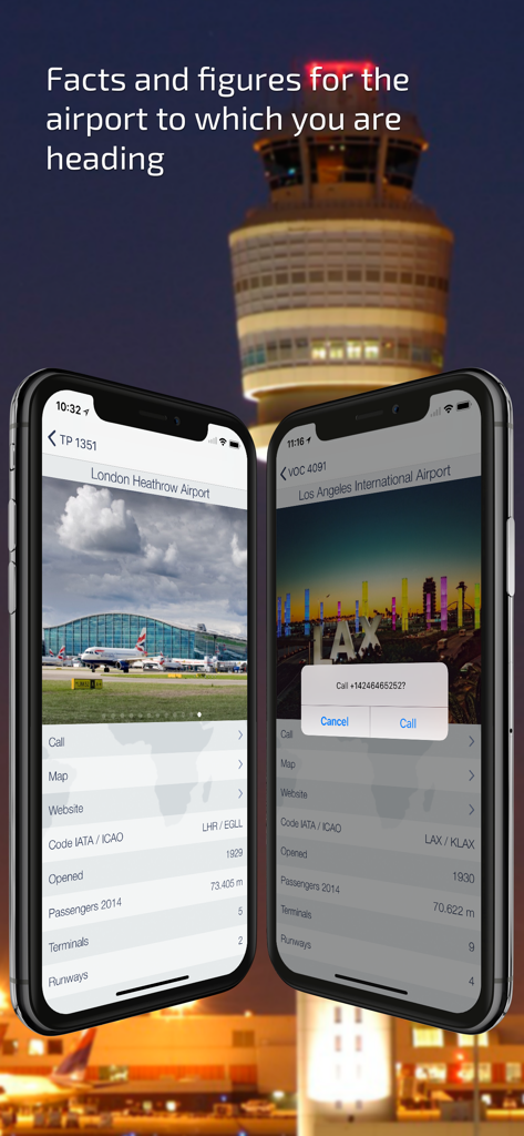 Flight Tracker - Plane Status - Screenshot der Flight Tracker App, die detaillierte Flughafeninformationen und Fakten für London Heathrow und Los Angeles International auf zwei Mobiltelefonen anzeigt