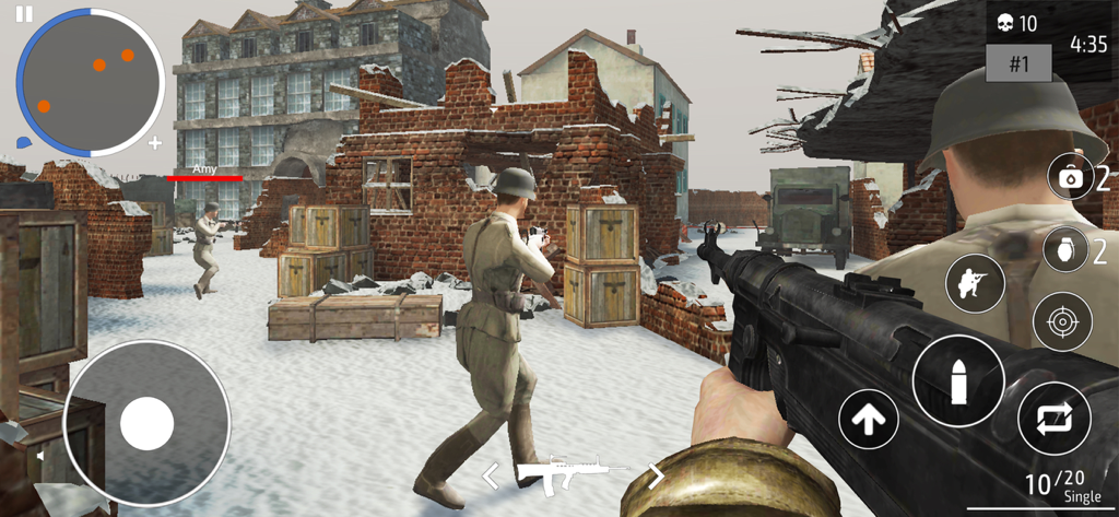 World War 2 - Shooter - First person view of a soldier with a historic submachine gun in a snowy World War 2 urban battlefield