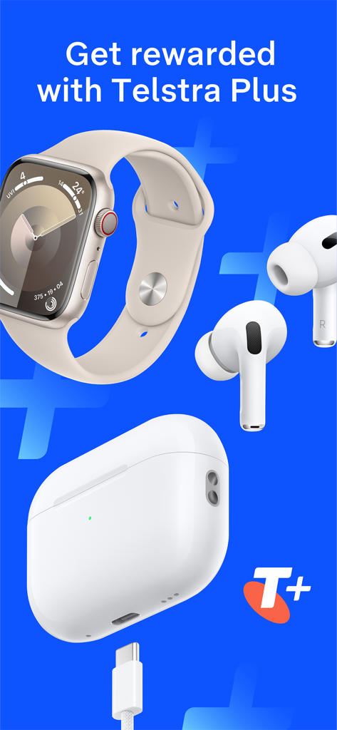 Promotion for Telstra Plus rewards program featuring an Apple Watch and AirPods on a blue background