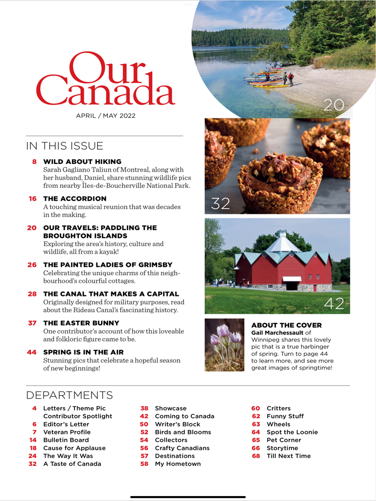 Sumário da revista Our Canada de abril/maio de 2022 mostrando artigos e fotos